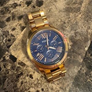 Fossil Gold Tone Bracelet Watch with Navy Blue Dial